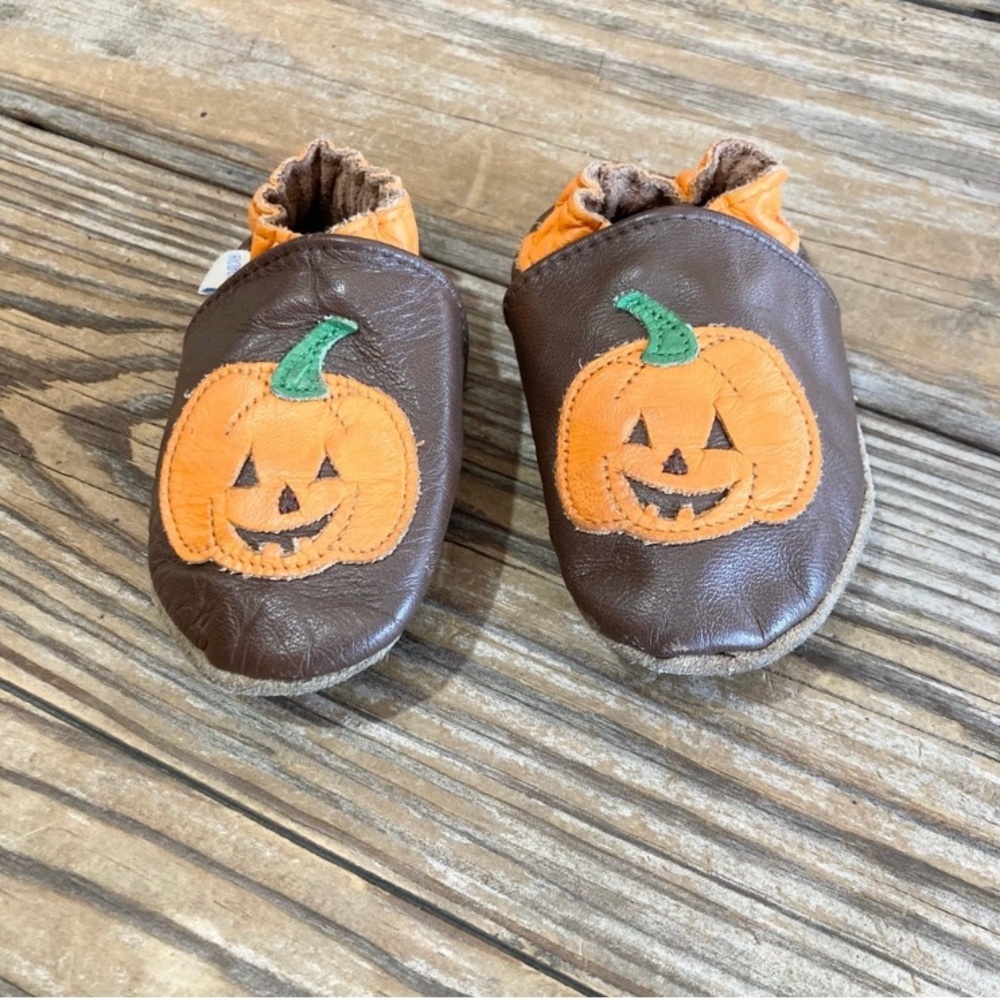 Robeez Pumpkin Shoes Infant Sz 6/12m Brown Orange Jack-O-Lantern Fall Halloween
